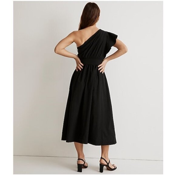 Madewell Ruffled One-Shoulder Flowy Relaxed Fit Lightweight Midi Dress Black NWT - Picture 3 of 16